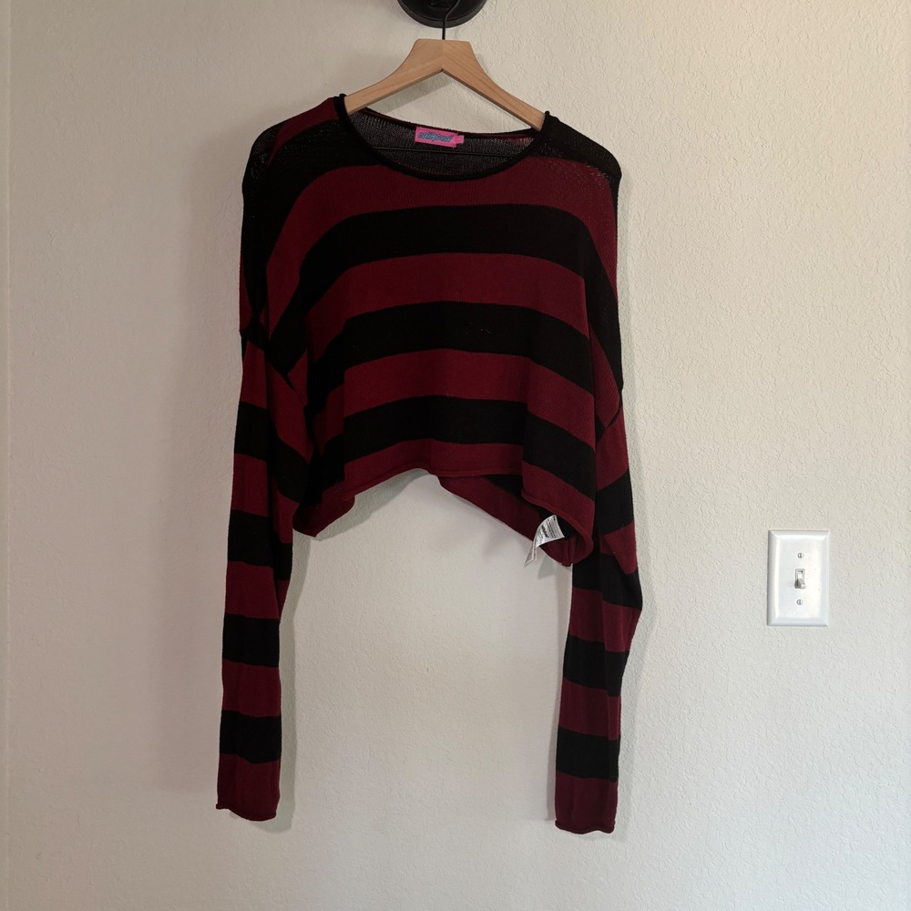 Edikted Sweater Striped Cropped Large Cotton Blend Burgundy Black Grunge Alt